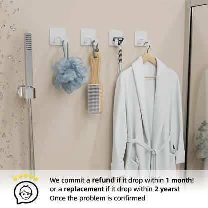 susswiff Adhesive Shower Hooks for Inside - Extra Sticky Stainless, Razor Holder Shower Accessories, Wall Mounted Self-Adhesive Double Hooks for Razor, Loofah, Towel, Shaver, Coat, Key, White, 4 Pack