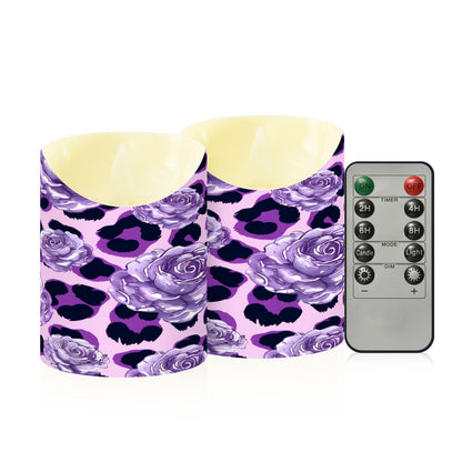 ALAZA Purple Leopard Print Rose Pattern Flickering Flameless Candles Battery Operated with Remote Timer,Tea Light Candles LED Pillar Votive Set of 2 for Outdoor Indoor Decorations 3" x5.9"