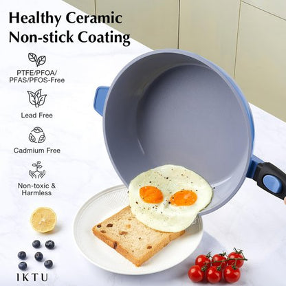 IKTU Ceramic Nonstick Deep Frying Pan, 11Inch Nonstick 4Qt Saute Pan with Helper Handle and Lid, Large Skillet Pan Induction Cookware with Detachable Handle, PFAS PFOA & PTFE Free