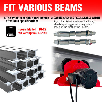 Electric Trolley for Power Hoist 1100LBS Capacity,Fit 2.68-4.33 in I-Beam,Push Geared Overhead Crane Heavy Duty Wheels System for PA200 to PA500 Hoists,Perfect for Gantry Cranes,Warehouses