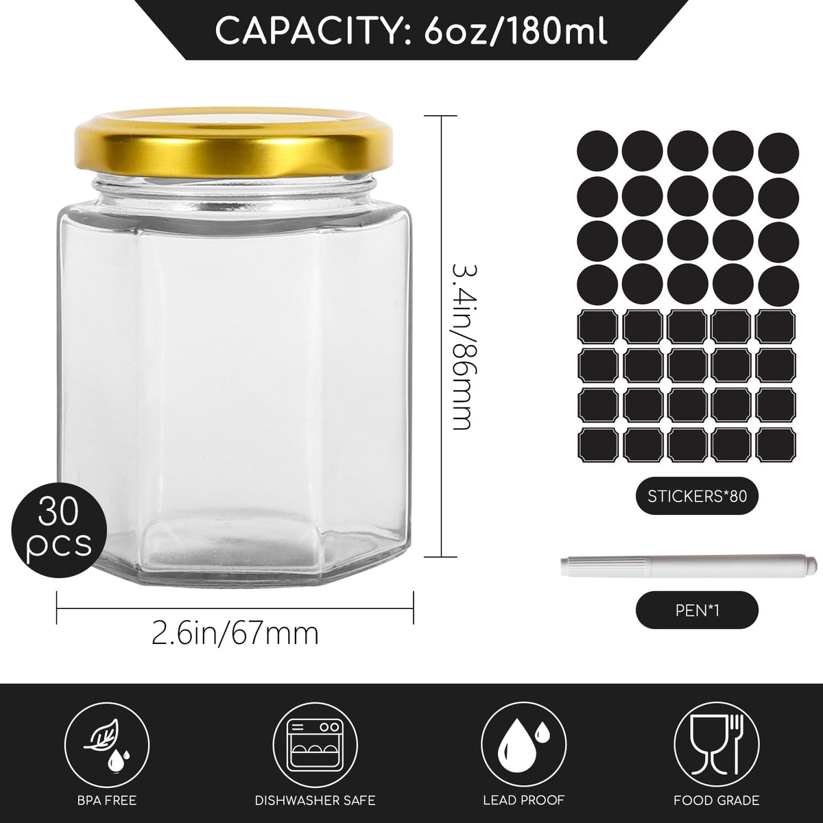 Keketin Hexagonal Glass Jam Jars with Gold Lids 6 oz,30 Pack Glass Canning Jars Food Storage Preserving Jars for Honey,Fruits Salad,Baby Foods,Spices,desserts