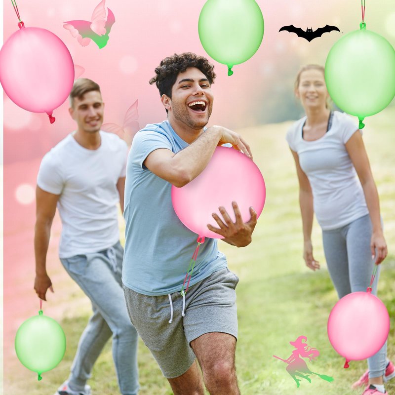Charnoel 24 Pcs Pink and Green Gift Pink and Green Punch Balloons Bounce with Rubber Band Handle Witch Party Punching Balloons with Colored Rubber Band Handle for Birthday