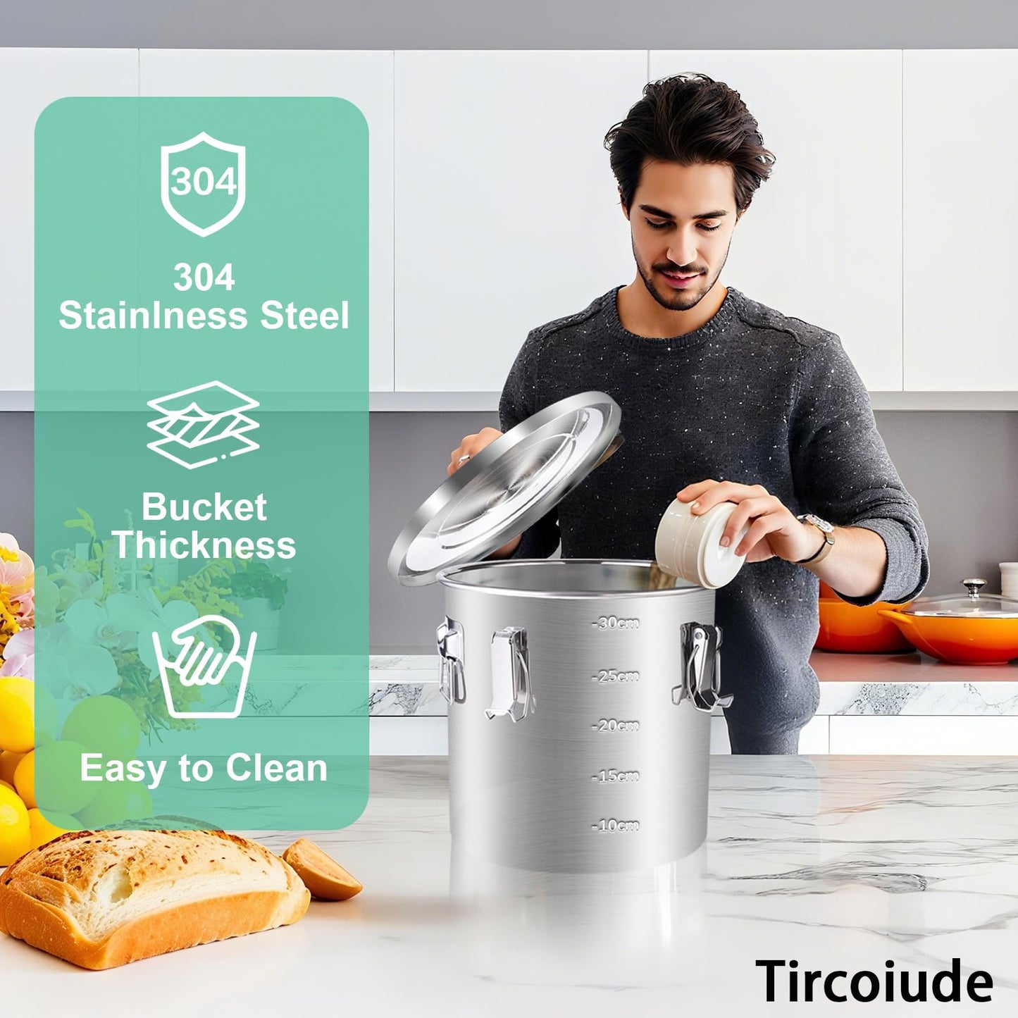 Tircoiude 304 Tainless Steel Large Airtight Canister, 60L/15.8Gal Dog Food Storage Container with Lockable Lid Carry Handle for Liquid Storage, Brewing, Kitchen Commercial Use
