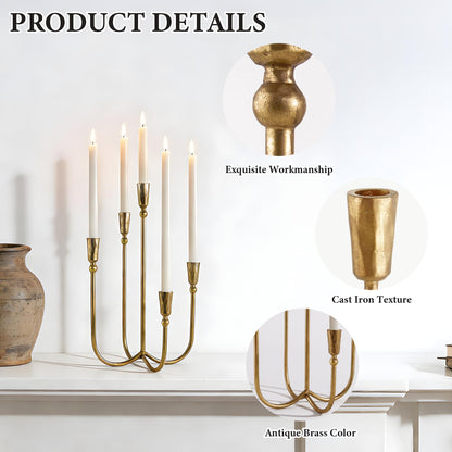 Cast Iron Candelabra 5-Taper Candle Holders, Candlestick Holders Tabletop Candles Stand, Decorative Table Centerpieces Mantel Decor, Antique Brass