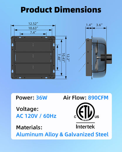 Ehiair 10 Inch Upgraded Shutter Exhaust Fan with Thermostat & Remote Control, Automatic On/Off by Temperature, 890 CFM Wall Mounted Garage Fan for Attic, Greenhouses, Sheds, Chicken Coops & Shops