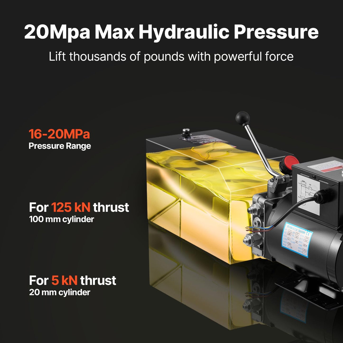 VEVOR 14 Quart Hydraulic Power Unit, Single Acting Steel Dump Trailer Pump, 3200 PSI Max Relief Pressure & 1.7 GPM Flow Rate, 220-240V Hydraulic Pump with Metal Reservoir for Dump Trailer Car Lifting
