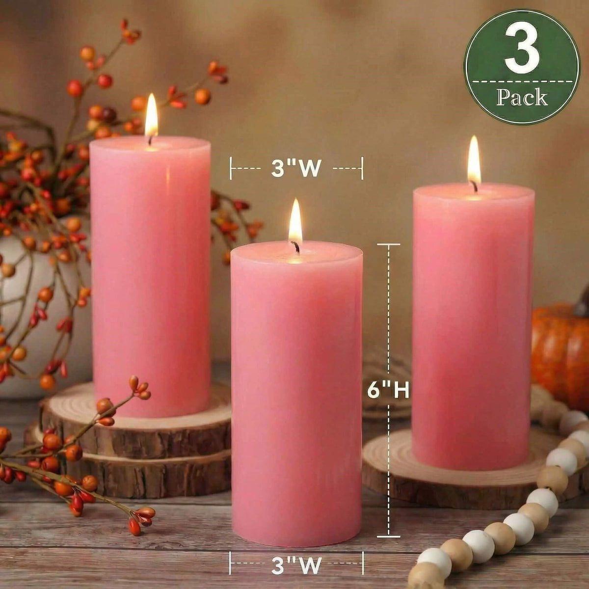 Richland Set of 3 Pink Pillar Candles 3" x 6" Unscented for Weddings Home Holidays Relaxation Spa Church