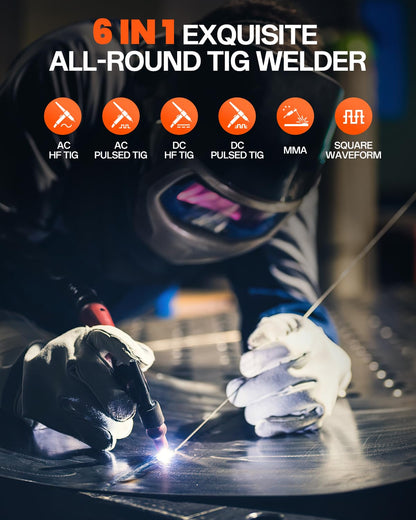HITBOX 200A AC/DC TIG Welder 6-in-1 with Pulse & Square Wave, HF Start Aluminum TIG, MMA/Stick Welding, 220V IGBT Inverter, Dual Cooling Fan, Digital Display, Foot Pedal Compatible (HBT250P)