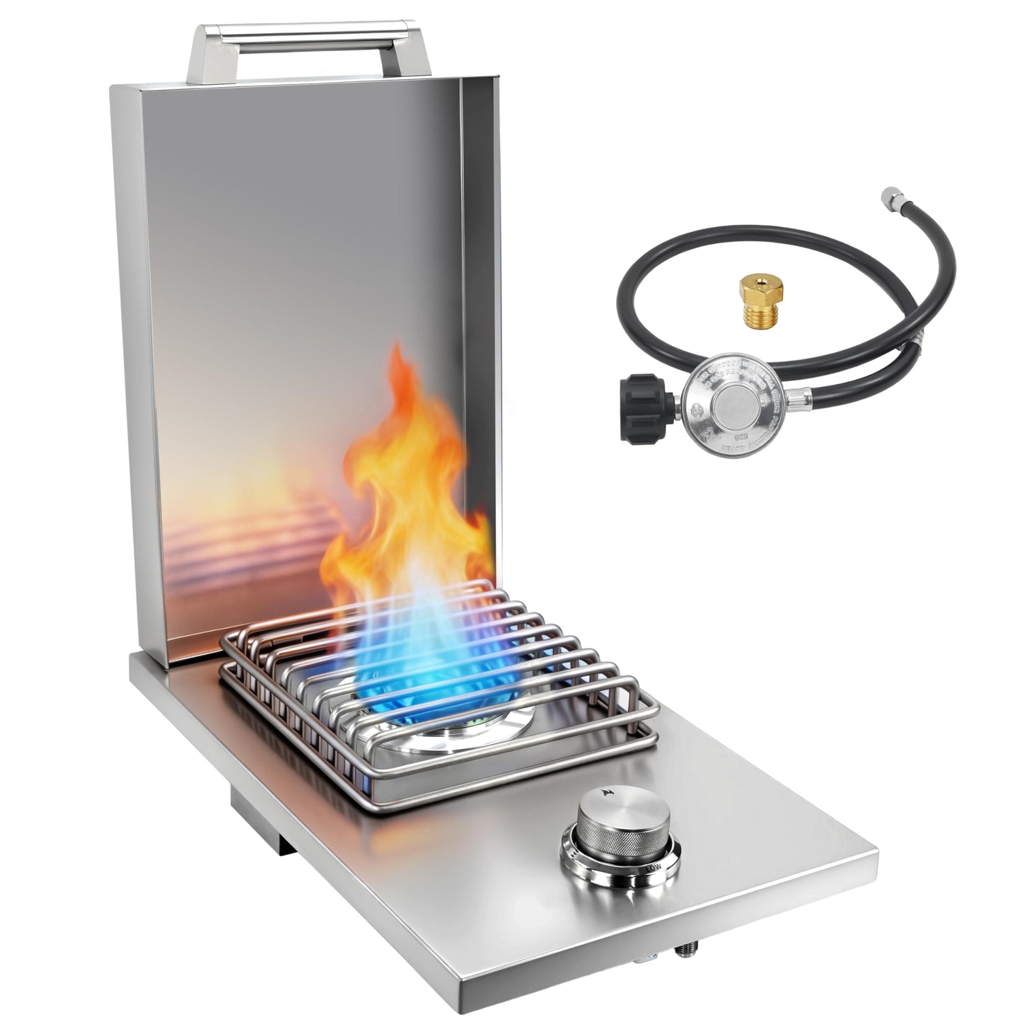 Built-in Single Grilling Side Burner for Outdoor Grill, Heavy-Duty 304 Stainless Steel, Drop-in Side Burner With Cover, 15,000BTU Propane & Natural Gas, Single Side Burner for Family Patio Parties
