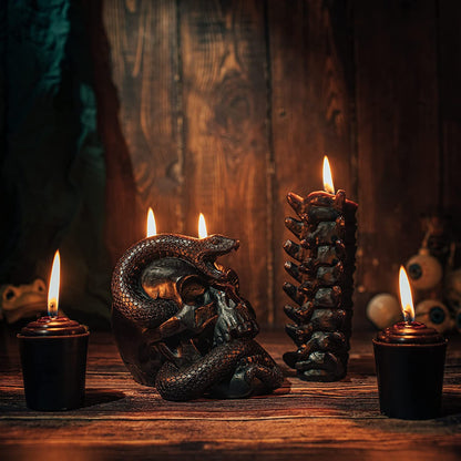 Skull & Spine Candles 4 Pack - Skeleton Snake, Spine & Black Bones Candle, Skulls, Magic Skulls Candlestick Spooky Gothic Emo Decor, Home & Bar Decoration, Large Creepy Skeletons Decorations