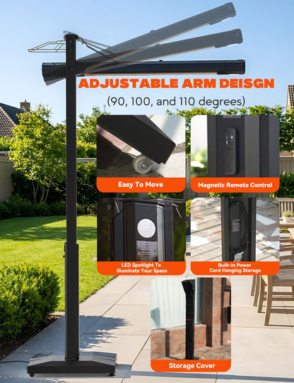 onlyfire FlexRay Heater - 80" Electric Infrared Patio Heater for Indoor & Outdoor Use, Freestanding Heater with Magnetic Remote & Cover, 3 Heat Modes + Light Mode,1500W, Overheat & Tip-Over Protection