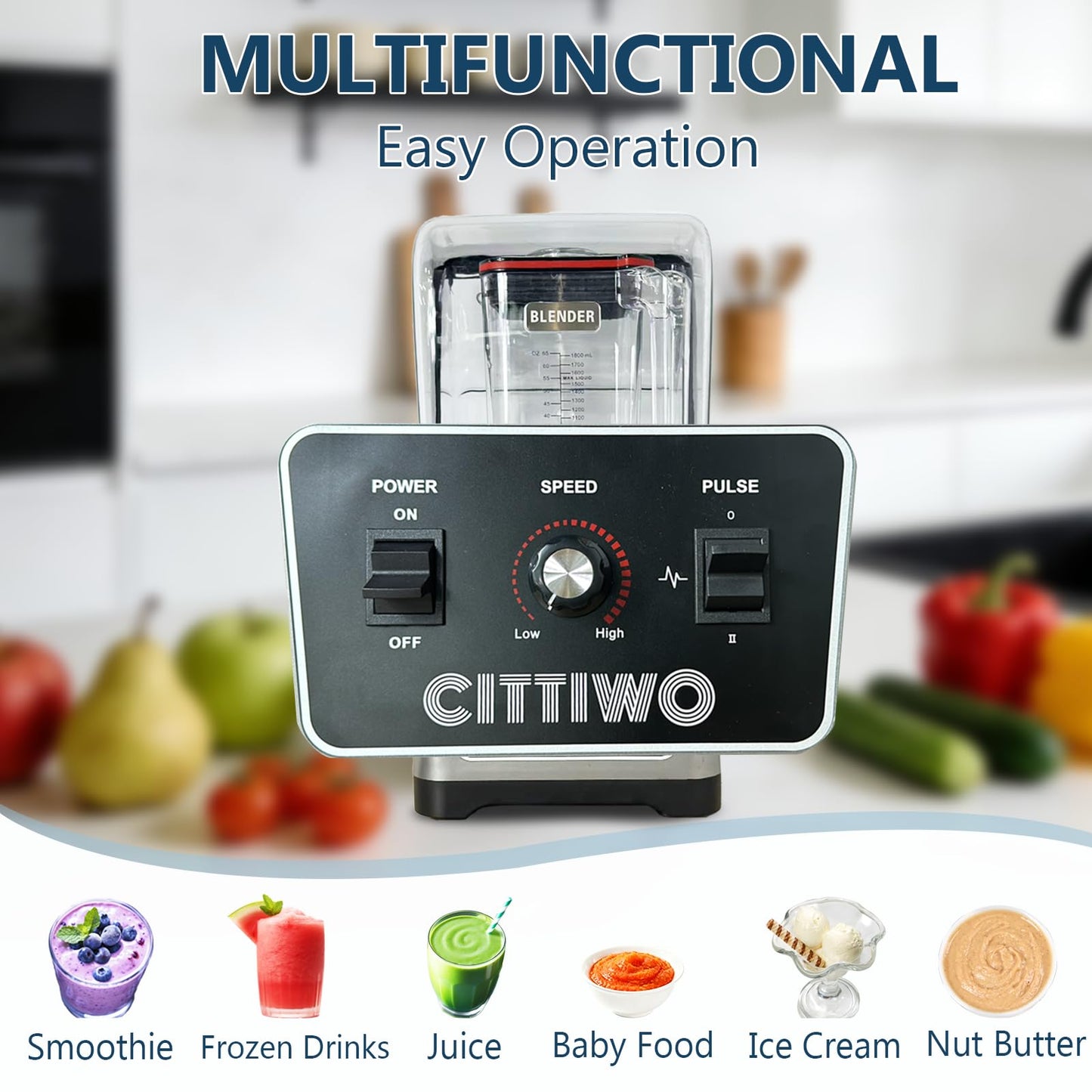 Cittiwo Commercial Blender Heavy Duty Restaurant with 64oz Jar, 2200W Professional-Grade Smoothie Blender, Ice Crush, Frozen Drinks, Quiet Shield, Self-Cleaning