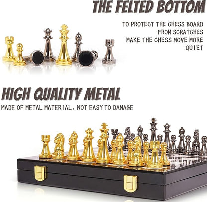 Metal Chess Set for Adults and – Marbling Chess Board with Chess Pieces – Travel Chess Sets with Extra Queens with zinc Alloy Metal Pieces – Ideal for Beginners and Professional Players