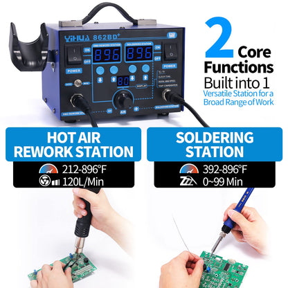 YIHUA 862BD+ SMD ESD Safe 2 in 1 Soldering Iron Hot Air Rework Station °F /°C with Multiple Functions