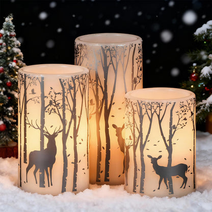 Lasumora Birch Silver Reindeer Christmas Candles with 6H Timer, Real Wax LED Candle Flameless Flickering, Battery Operated Candles Pillar for Home Décor Christmas Decorations Gifts, 3x4/5/6 inches