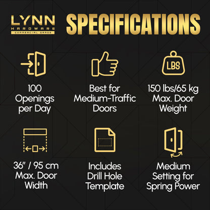 LYNN HARDWARE Medium Duty Automatic Door Closer (Matte Black) - Highly Durable Cast Aluminum, Commercial or Home Use, Adjustable Speed Controls, 3 Mounting Options, 3 Hour Fire Rated (DC6003 Model)