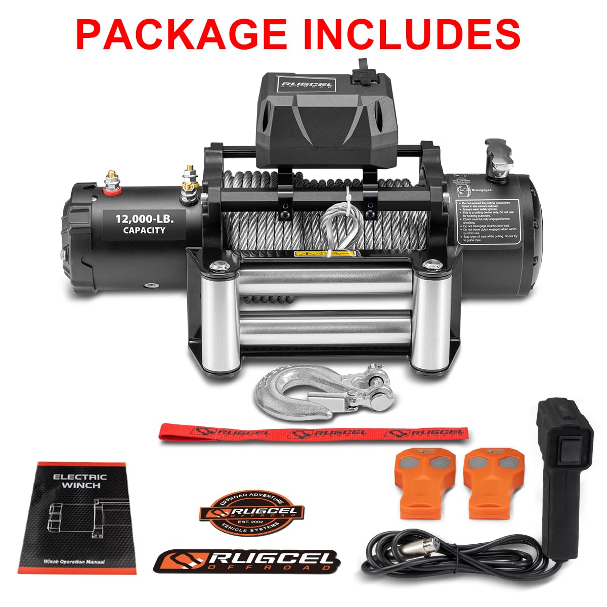 RUGCEL 12000lb Waterproof Electric Winch – 12V Steel Rope (85ft) with Roller Fairlead, IP67 Rated, 2 Infrared Remotes + Wired Handle, for Truck & Wrangler