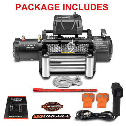 RUGCEL 12000lb Waterproof Electric Winch – 12V Steel Rope (85ft) with Roller Fairlead, IP67 Rated, 2 Infrared Remotes + Wired Handle, for Truck & Wrangler