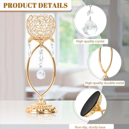 kehail 2 Pcs Gold Elegant Metal Crystal Tea Light Candle Holders with Bling Crystal Pendants, Hollow Design - Wedding Table Centerpieces for Anniversary Birthday Party, Home Decor