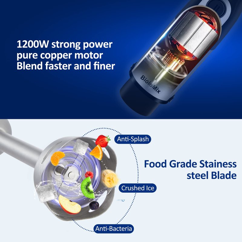 BioloMix Hand Blender 5 in 1 Immersion Blender 1000W, 6 Speed With Turbo Mode hand blenders immersion Stainless Steel Blade With 800ml Chopper, 600ml Mixing Beaker, Whisk and Milk Frother
