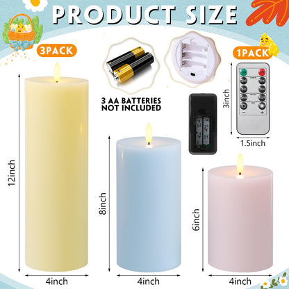 Retisee 3 Pcs Easter Large Flameless LED Battery Operated Candles with Remote and Timer Real Wax Candles for Indoor Outdoor Party Wedding Lights Decorations, Yellow, Pink, Blue