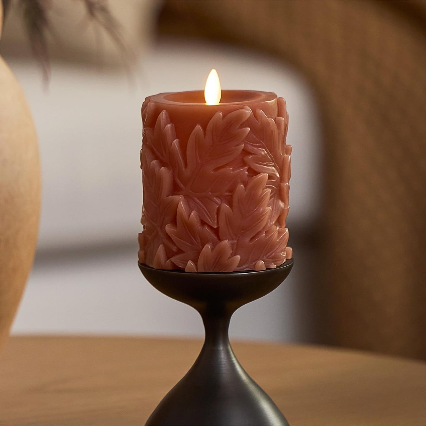 Luminara Flameless Caramel Cafe Embossed Leaves 3.5" x 4.5" Pillar, Battery Operated & Timer Function, Fall Decorations Indoor Candle Moving Flickering Flame LED Light, Remote Ready (Sold Separately)