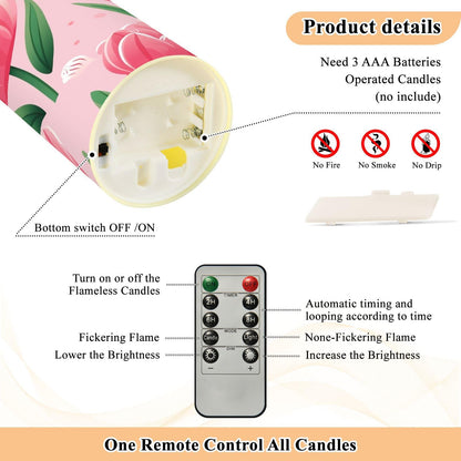ALAZA Pink Tulip Flower Flickering Flameless Candles Battery Operated with Remote Timer,Tea Light Candles LED Pillar Votive Set of 2 for Outdoor Indoor Decorations 3" x5.9"