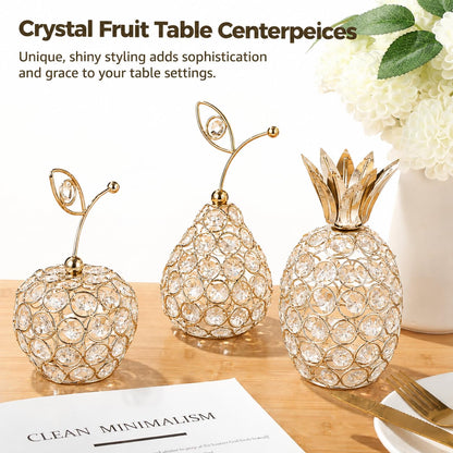 3 Pcs Golden Crystal Hollow Candlestick, Metal Crystal Table Centerpiece, Including Pineapple Pear Apple, Decorative Candlestick, Ideal for Wedding, Party, Anniversary and Home Decor