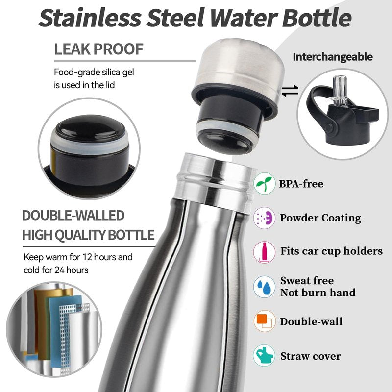 Insulated Water Bottle,17oz Stainless Steel Water Bottles with straw lid, Metal Sports Water Bottles for Boys,Girls, Double Wall Vacuum BPA-Free Flask for School, Sports(SLIVER)