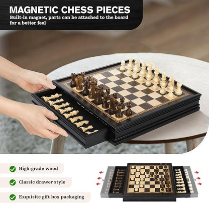 Peradix Magnetic Chess Checkers Board Sets with 2 Built-in Storage Drawers12.8 Classic 2 in 1 Wooden Games with 2 Extra Queens for Kids and AdultsTravel Portable Chess Game Set