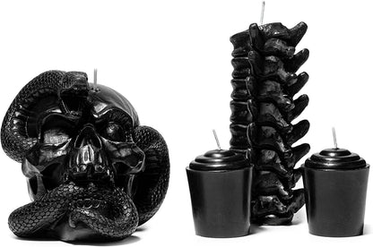 Skull & Spine Candles 4 Pack - Skeleton Snake, Spine & Black Bones Candle, Skulls, Magic Skulls Candlestick Spooky Gothic Emo Decor, Home & Bar Decoration, Large Creepy Skeletons Decorations