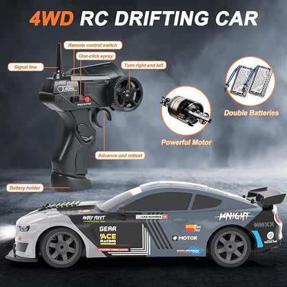 Dollox Remote Control Car 1/16 Scale RC Drift Car 2.4GHz 4WD High Speed 18+KM/H Vehicle with LED Lights and Spray Extra Drifting Tires Racing Vehicle Toys Birthday Gifts for Adults Boys 2 Batteries