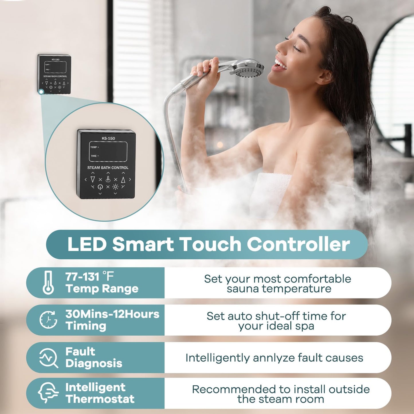 4KW Commercial Self-Draining Steam Generator Shower System Home Steam Bath Spa Generator 30 min to 12 Hours Auto Drain 95-131℉ for Suitable Space Heating 4 m³/140Cubic feet（4KW）