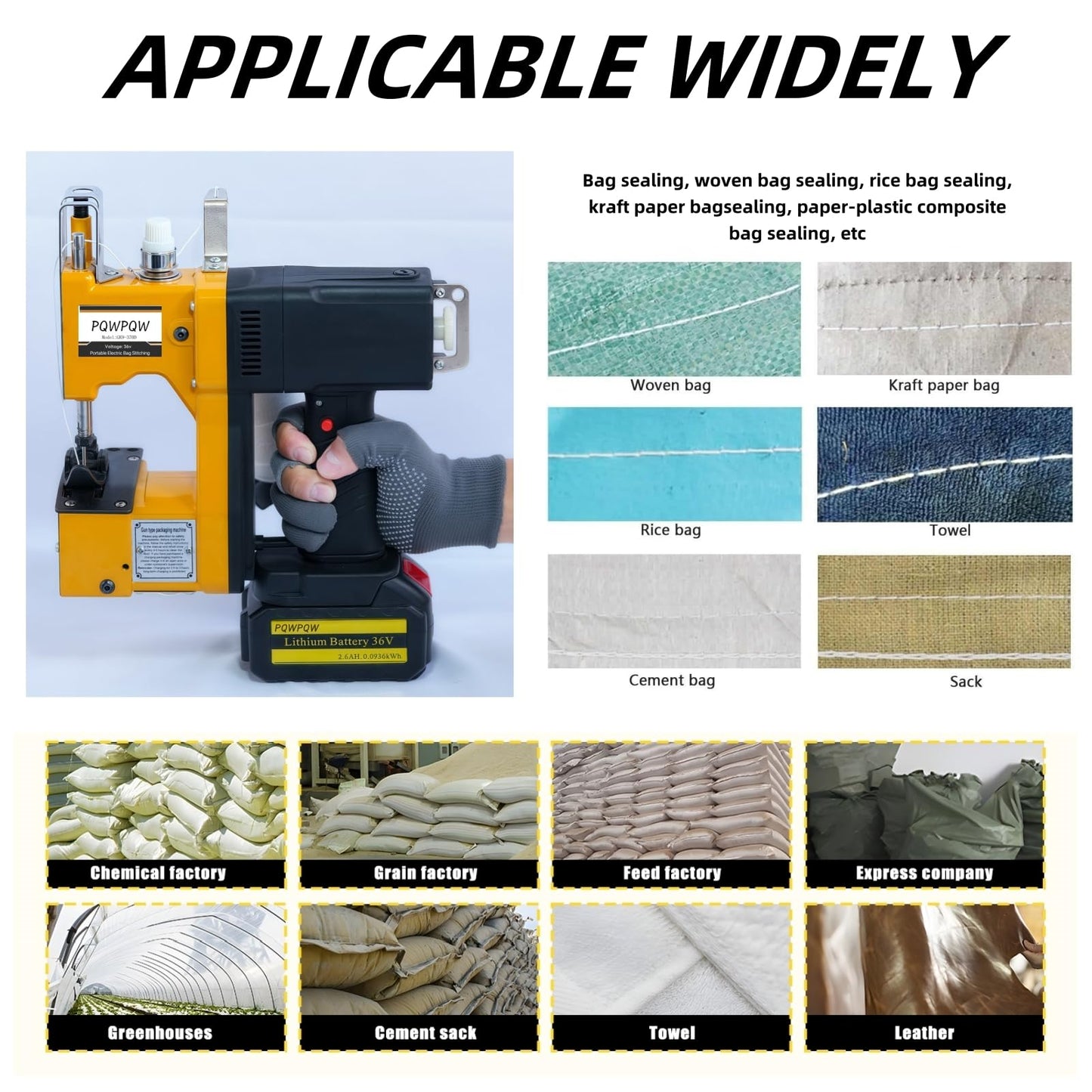 Bag Sewing Machine, 2s/bag Portable Bag Sewing Machine, Industrial Bag Closing Machine for Packing Woven Bags Non-woven Fabrics Leather (Yellow, Lithium Battery - 36V)