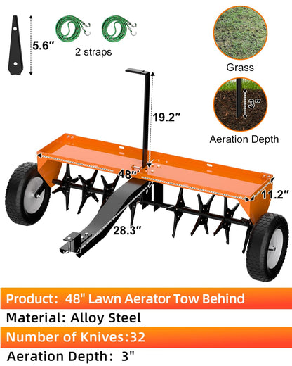 48" Tow Behind Aerator, Pull Behind Lawn Aerator Tool with Universal Hich, 32 Rust-Proof Knives & Heavy-Duty Tires, Plug Aerator for Yard & Garden Compacted Soil, Fits Lawn Tractors, ATV, UTV, Orange