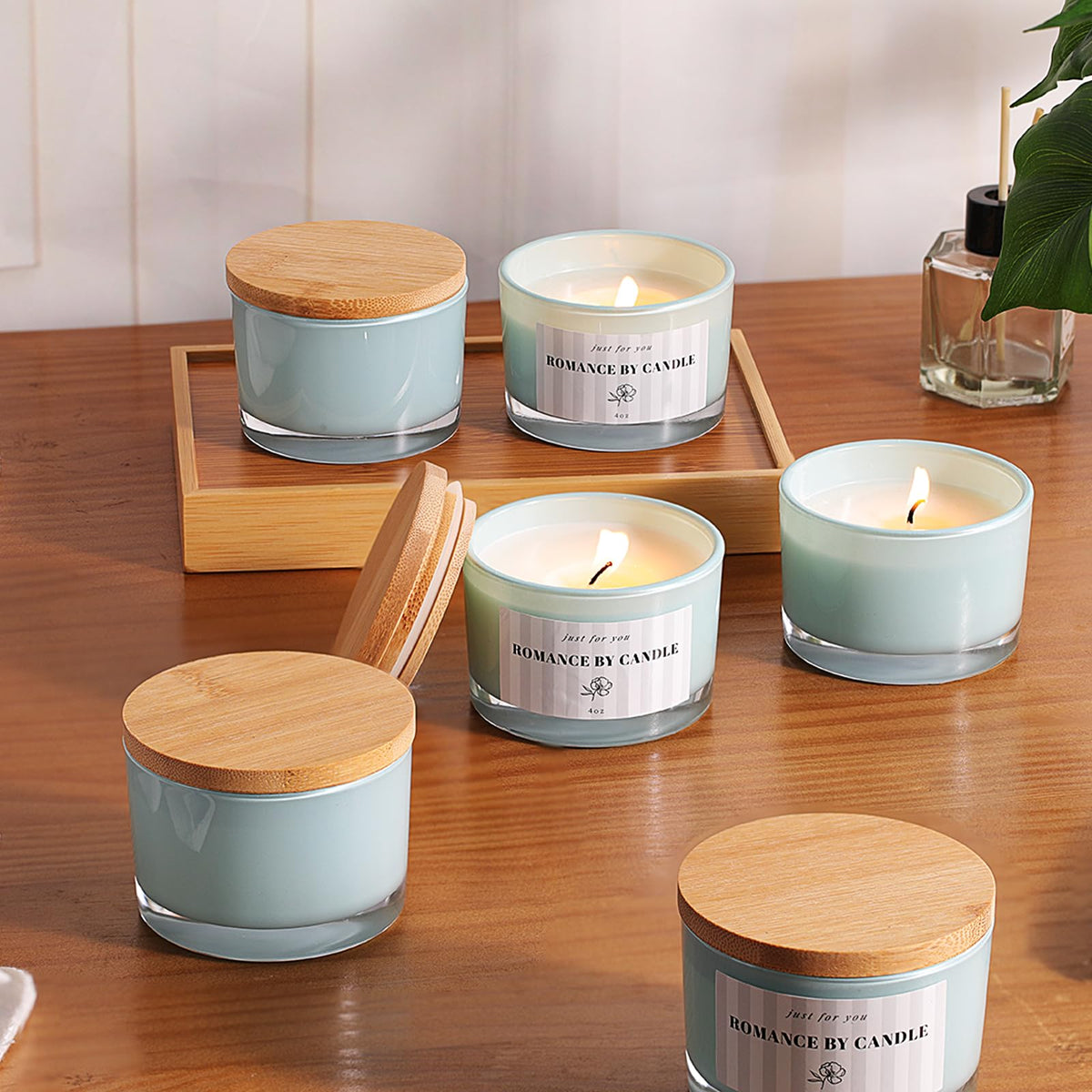 REISEN 12 PCS Blue Candle Jars for Making Candles, 4 OZ Glass Jars with Bamboo Lids and Sticky Warning Labels, Candle Containers for DIY Gifts, Candle Making Supplies