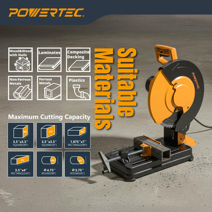 POWERTEC 14-Inch Multi-Material Chop Saw, 15 Amp, TCT Blade, Adjustable Fence & Depth Stop, Quick-Release Vise, Soft Start, for Metal, Wood, Plastic, and More (CPS1400)