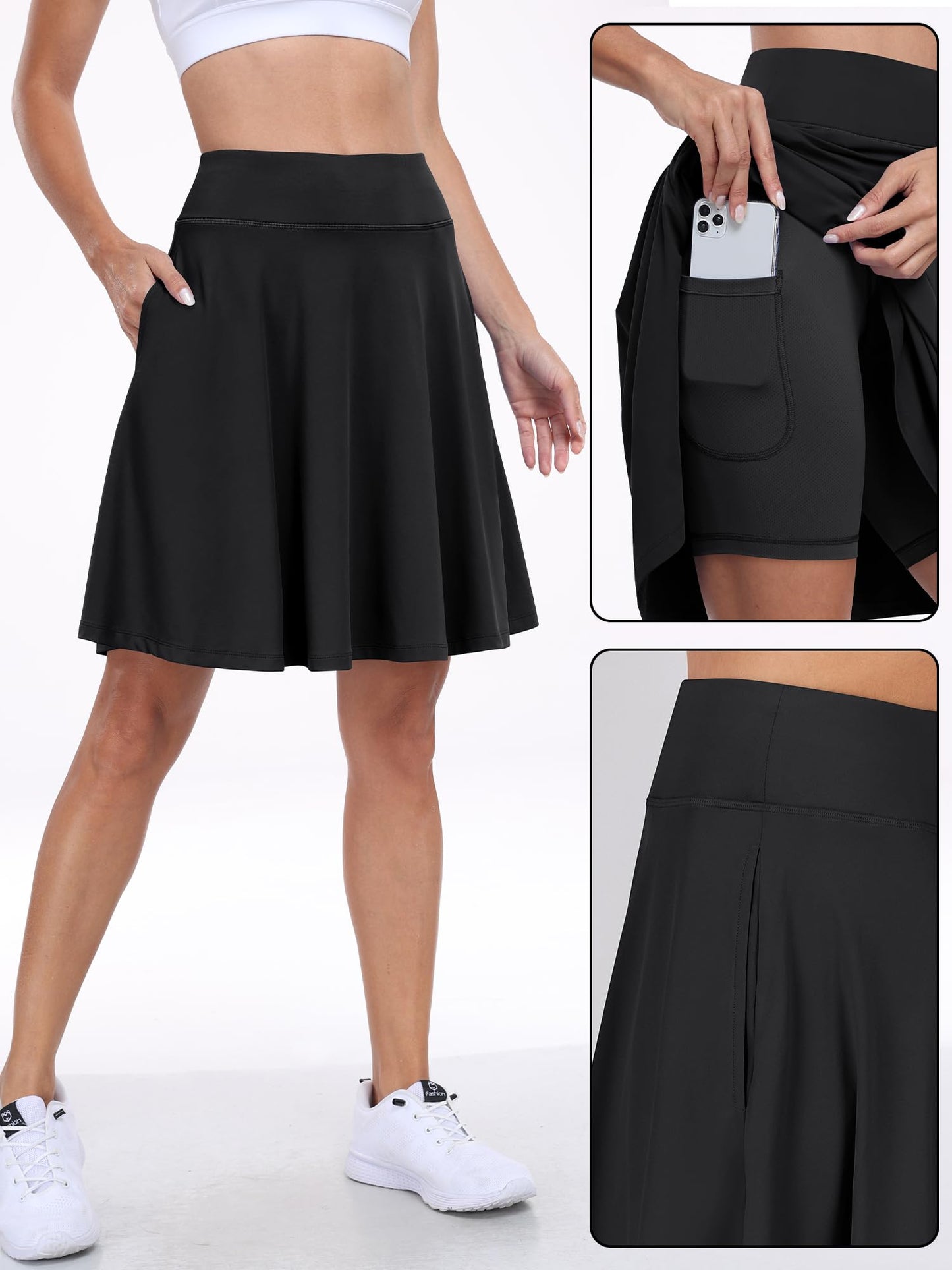 ANRABESS Women Knee Length Tennis Golf Skorts Skirts Summer High Waisted Athletic Skirt Casual Travel Built-in Shorts Clothes Black X-Large