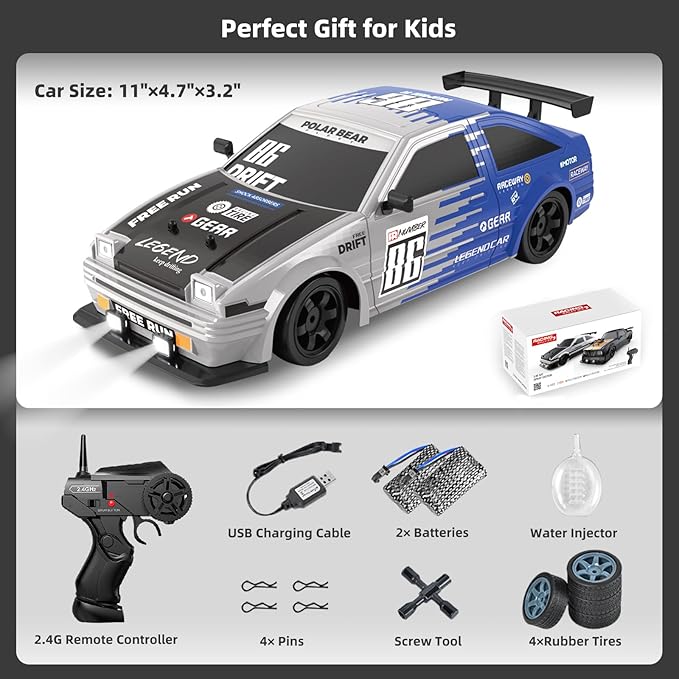 RC Drift Car 2.4GHz 1:16 Scale 4WD High Speed Remote Control Cars Vehicle with LED Lights Two Batteries and Drifting Tires Racing Sport Toy Cars for Adults Boys Girls Kids