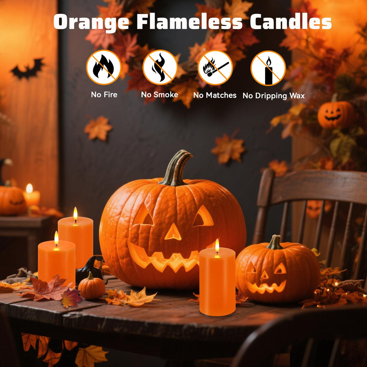 VEEKI Orange Flameless Candles, Set of 3 Flickering LED Candles with Remote & Timer, Dimmable Real Wax Pillar Candles Battery Operated, Electric Candles for Fall Thanksgiving Halloween Decor (Orange)