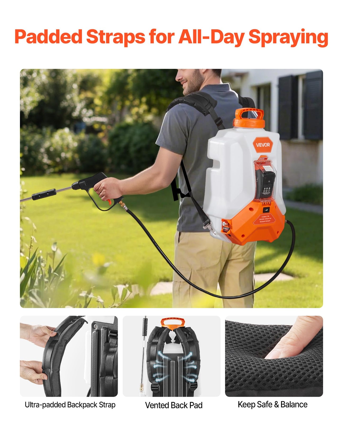 VEVOR Battery Powered Backpack Sprayer, Electric Back Pack Sprayer 4 Gallon, 2 Wands & 8 Nozzles, Adjustable 0-90 PSI, 4H Runtime, Portable Lawn & Garden Sprayers for Weeding, Spraying, Cleaning