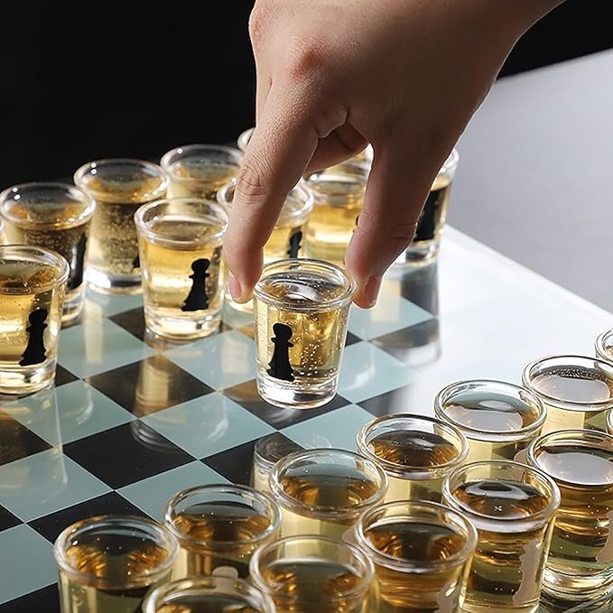 Shot Glass Chess Set – 13.78 Chess Board with 32 Mini 1.89 Shot Glass Pieces Fun Drinking Chess Game for Adults Party Game &amp Novelty Gift