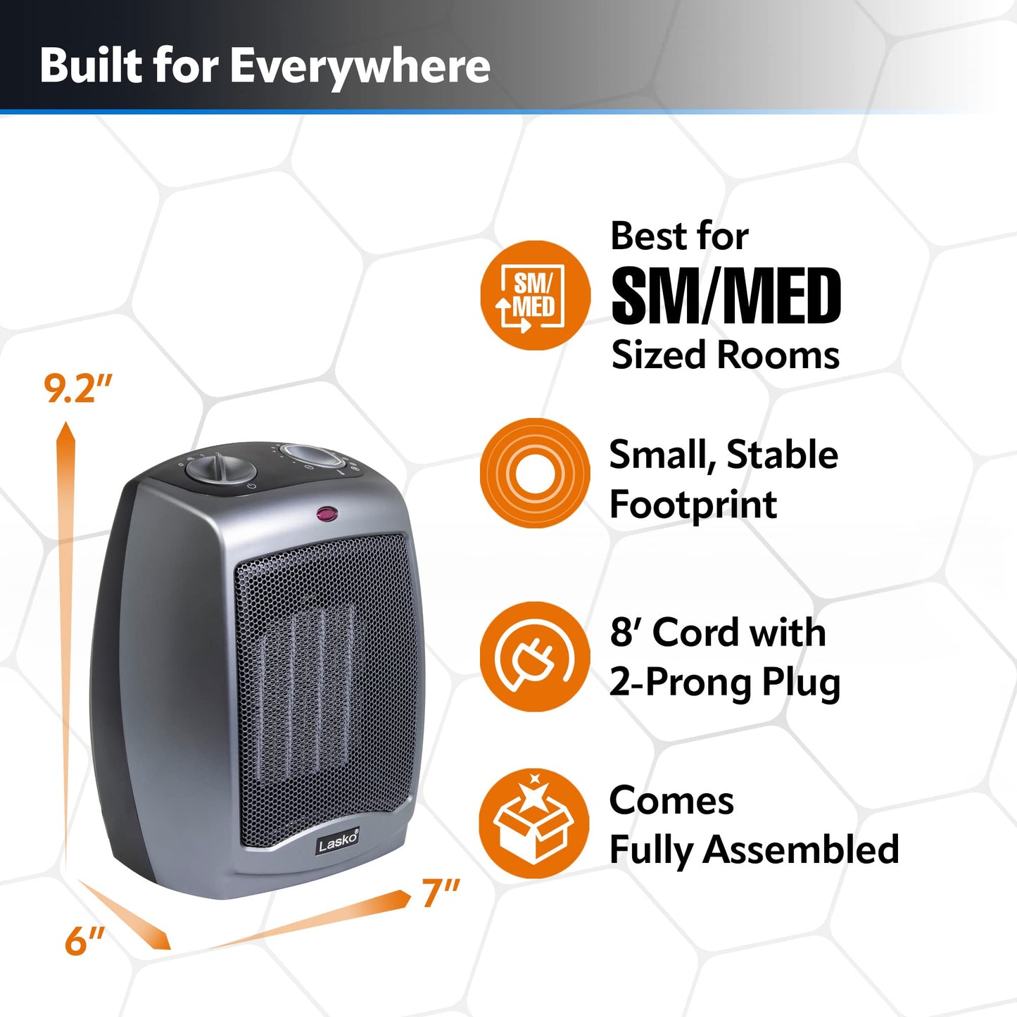 Lasko Portable Indoor Electric Ceramic Space Heater with Tip-Over Safety Switch, Overheat Protection and Thermostat, 2 Speeds, Safe for Home, 9.2 Inches, Dark Gray, 1500W, 754201