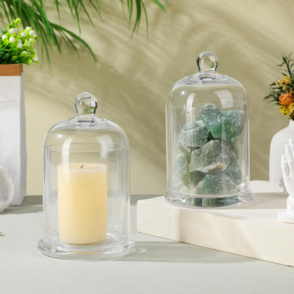 EXCEART Glass Cloche 2 Sets Clear Glass Dome Candle Glass Jar Cloche Dome Bell Jar Candle Cover Display Wedding Decoration Ornament Clear
