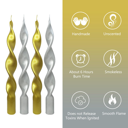 10 Inch Gold & Silver Metallic Spiral Candles Set of 2, Handmade Unscented Taper Candles, Twisted Candles, Elegant Candle Sticks for Wedding Dinner Table Home Decor