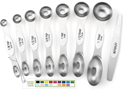 Spring Chef White Stainless Steel Magnetic Measuring Spoons Set of 8 with Leveler, Dual Sided Metal Teaspoon & Tablespoon Measuring Spoons, Fits in Spice Jars, Kitchen Gadgets for Baking & Cooking