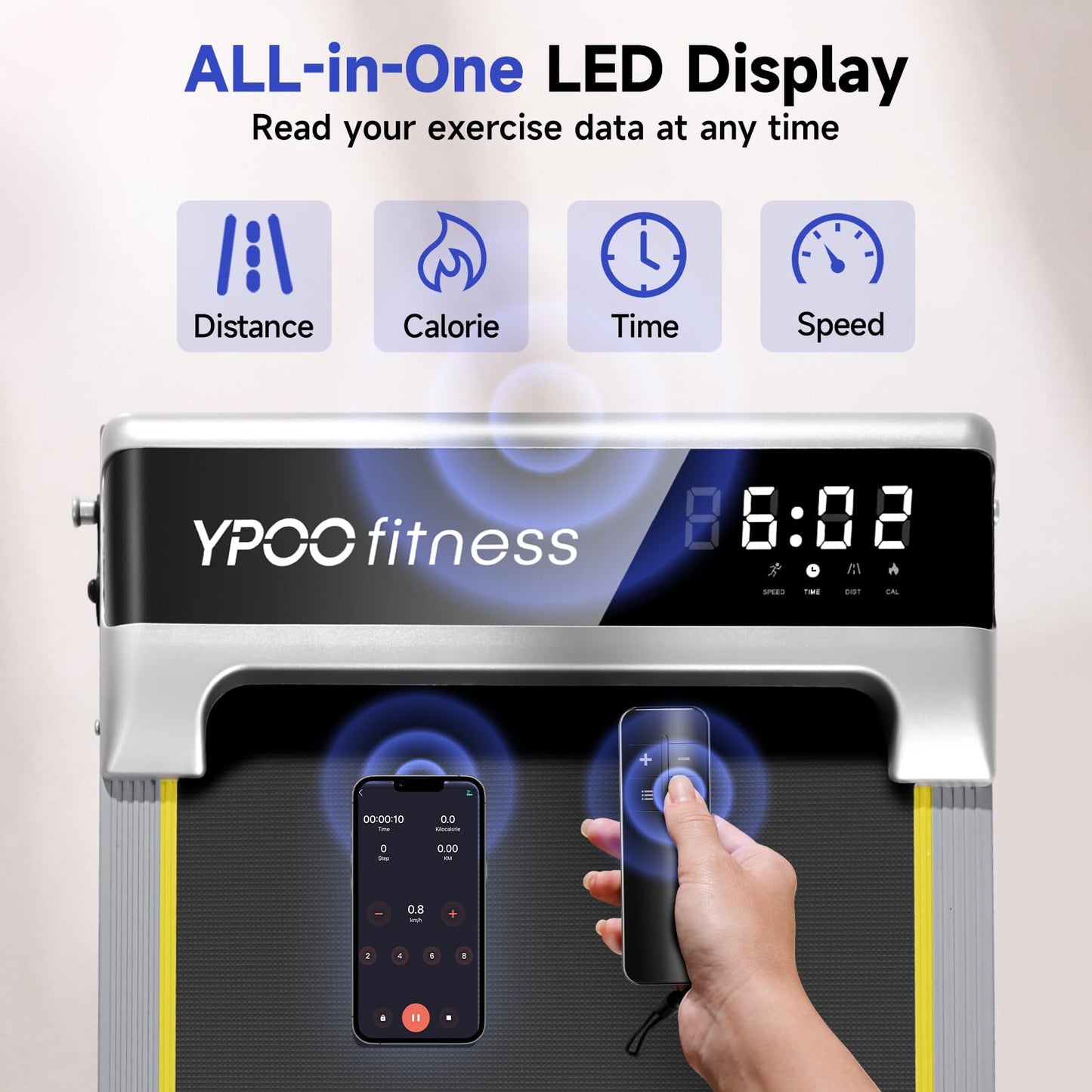 YPOO Walking Pad with Incline up to 6%, Treadmill for Home with LED Display, 136KG Portable Installation-Free Under Desk Treadmill with APP, Easy to Store Running Walking Machine