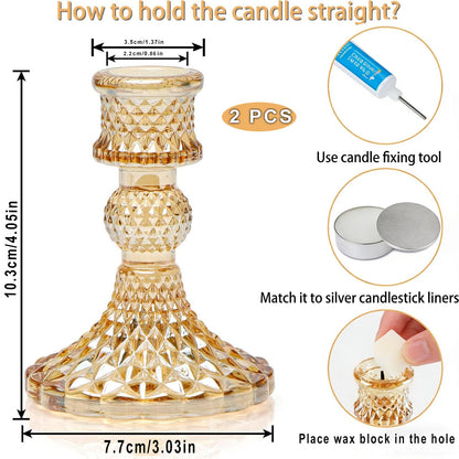 Gold Candle Holders -Glass Taper Candle Holders for Table Centerpiece for Table Centerpiece Wedding Party Festive Christmas Mantel Decoration or Home Decor Set of 2