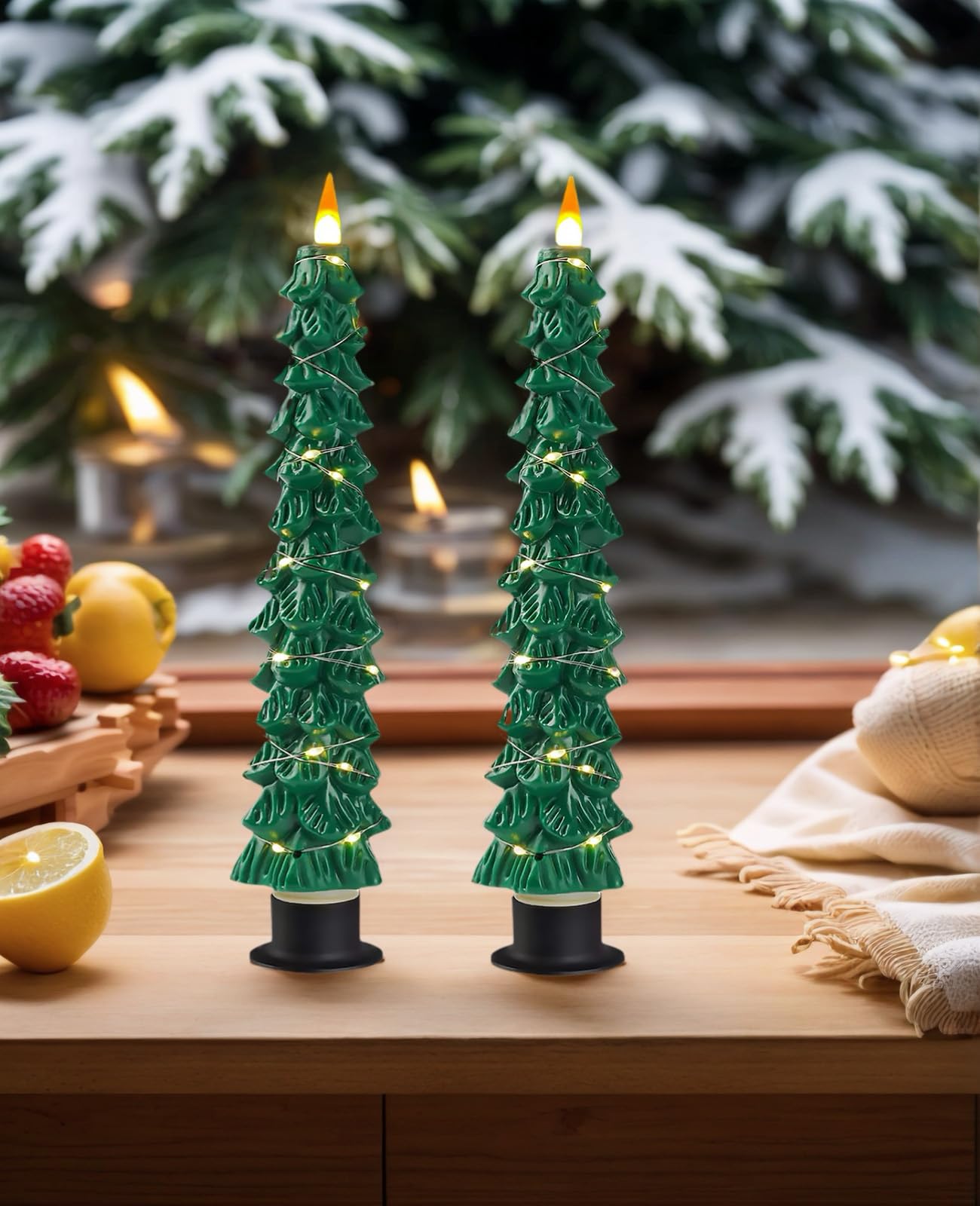 Fanzir Xmas Tree LED Flameless Taper Candles with Remote Control Timer 9.5‘’ Battery Operated Candle with String Lights 2Pcs for Christmas Gift or Special Festivals Decorations