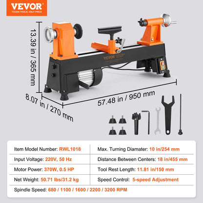 VEVOR Benchtop Wood Lathe, 10 in x 18 in, 0.5 HP 370W Power Wood Turning Lathe Machine, 5 Variable Speeds 780/1320/1920/2640/3840 RPM with Rod Injection Wrenches Faceplate Foot Pads, for Woodworking